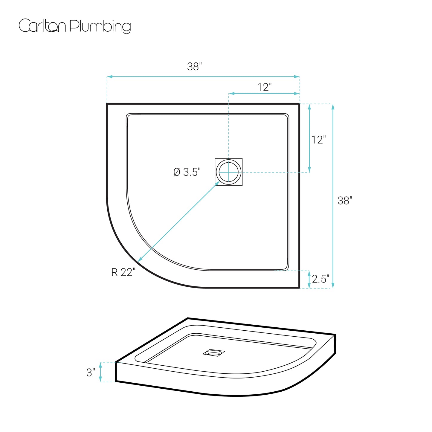 Marquette 38" x 38" Round Corner Double-Threshold Shower Pan Base with Center Drain in Glossy White