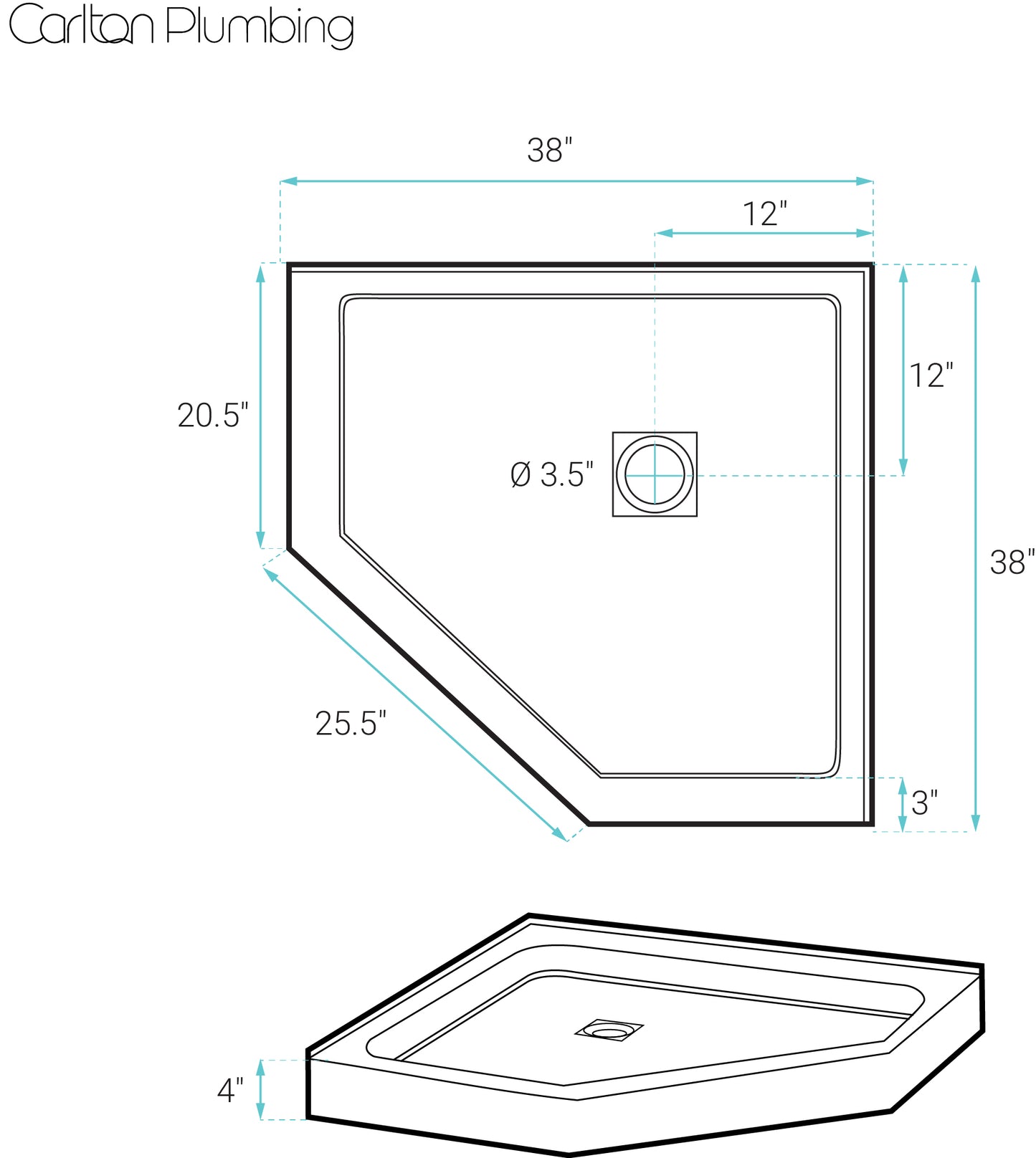 Marquette 38" x 38" Neo-Angle Double-Threshold Shower Pan Base with Center Drain in Glossy White