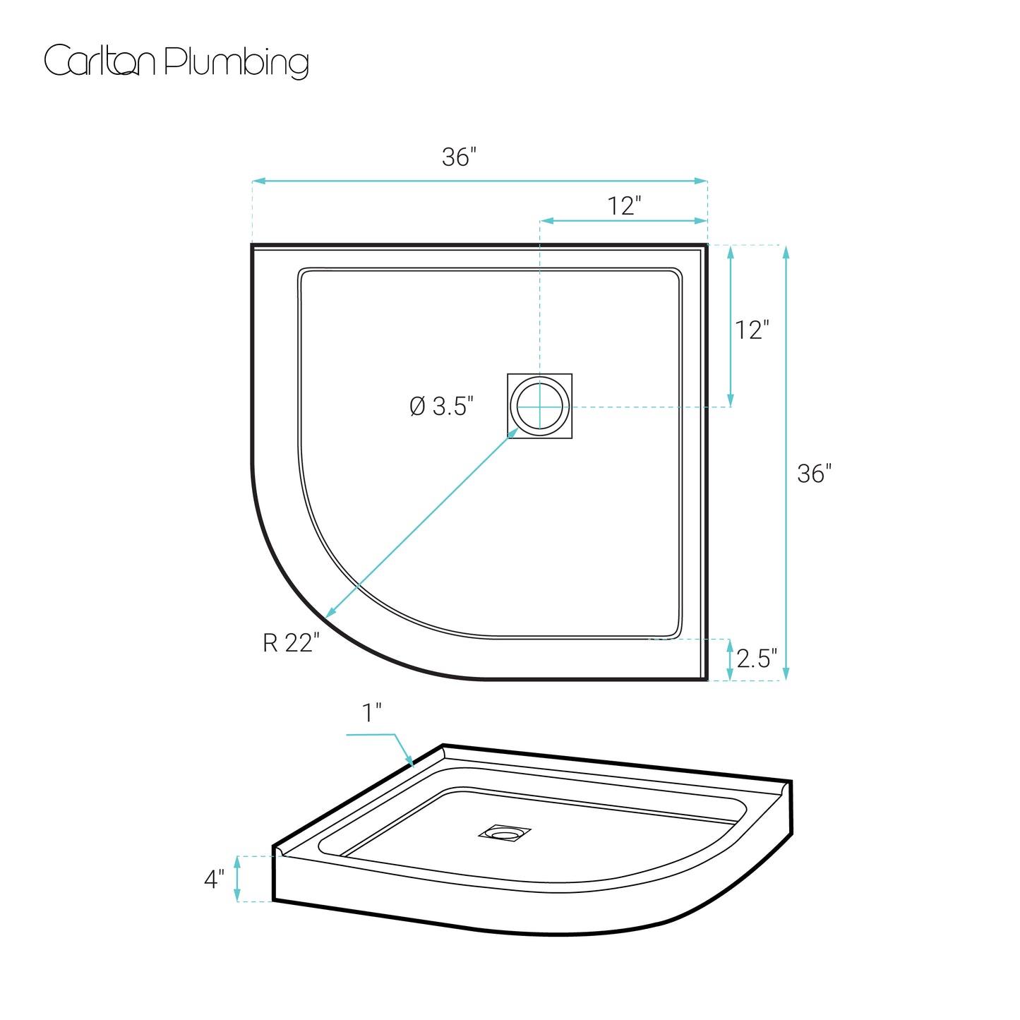 Marquette 36" x 36" Round Corner Double-Threshold Shower Pan Base with Center Drain in Glossy White